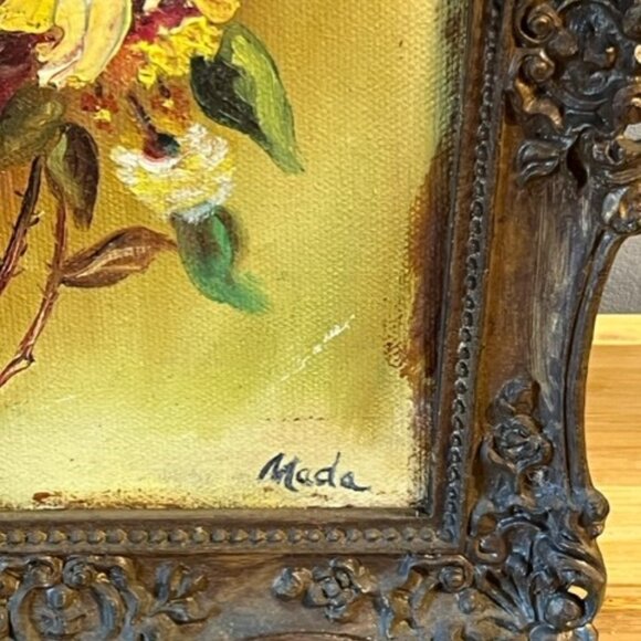 Vintage oil painting yellow rose signed artist Mada kitschy painting MCM*READ - Picture 3 of 4